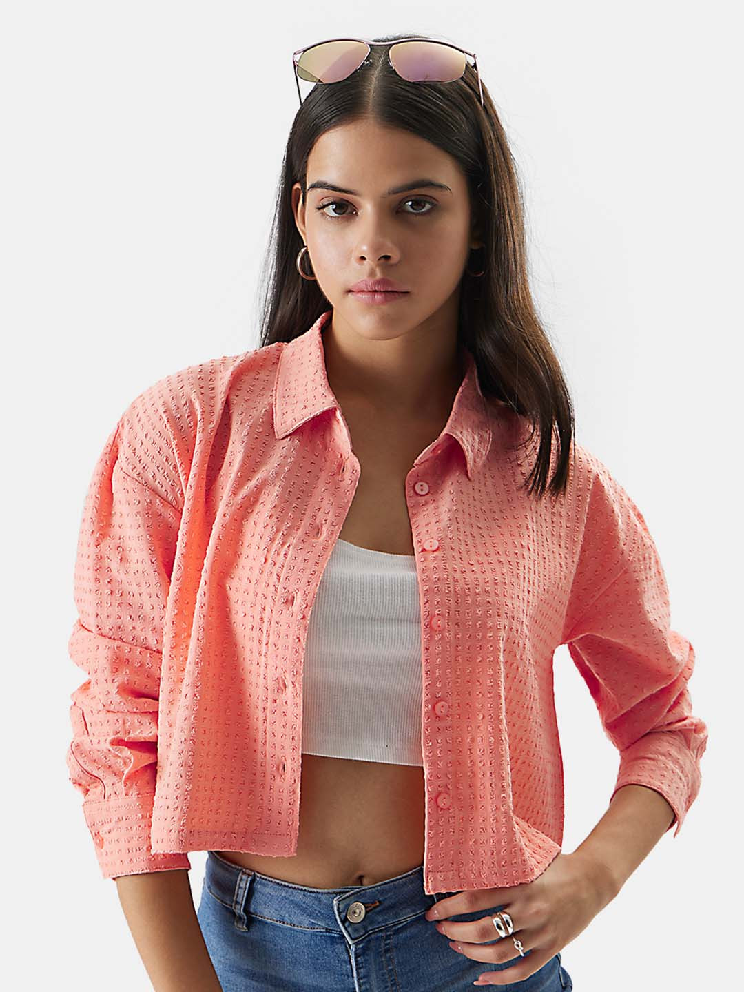 

The Souled Store Peach Self Design Crop Pure Cotton Shirt Style Top