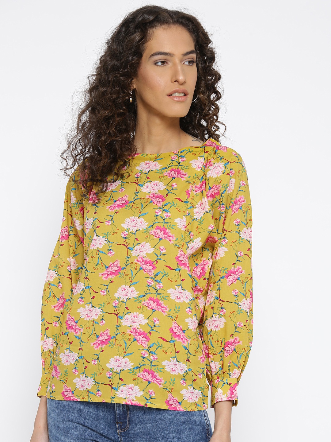 

Style Quotient Women Yellow & Pink Printed Pure Cotton Top