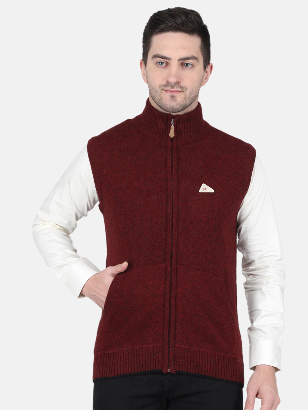 

Monte Carlo Mock Collar Sleeveless Woollen Front Open Sweater, Maroon