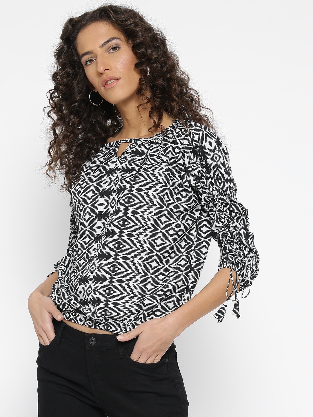 

Style Quotient Women Black & White Printed Blouson Top