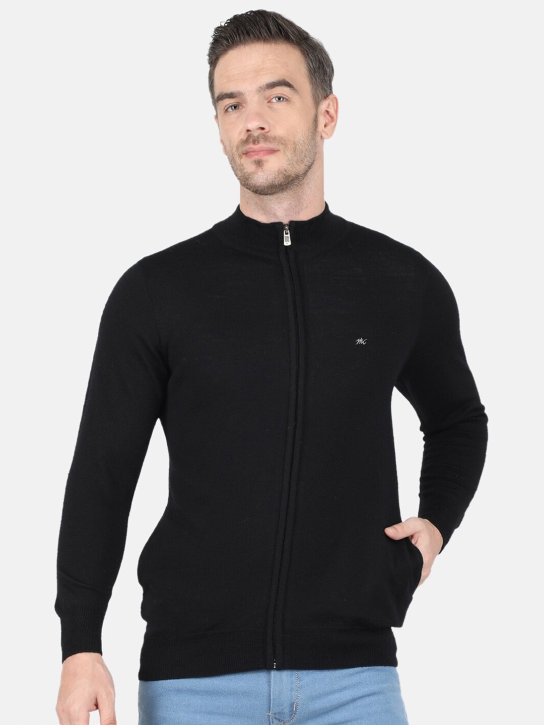 

Monte Carlo V-Neck Zip Detail Wool Cardigan Sweater, Black