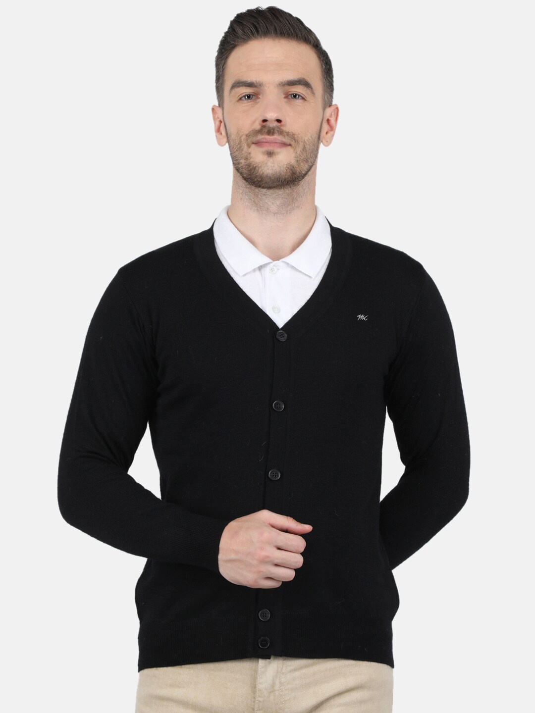 

Monte Carlo Long Sleeves V-Neck Front-Open Pure Wool Cardigan, Black
