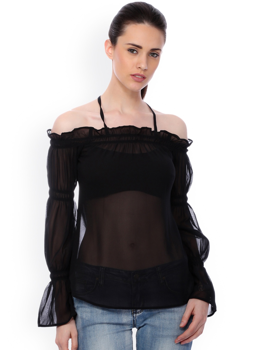 

SCORPIUS Women Black Solid Bardot Top