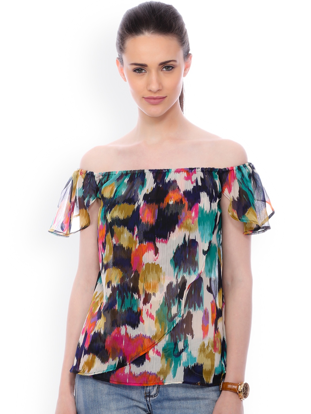 

SCORPIUS Women Multicoloured Printed Bardot Top, Multi
