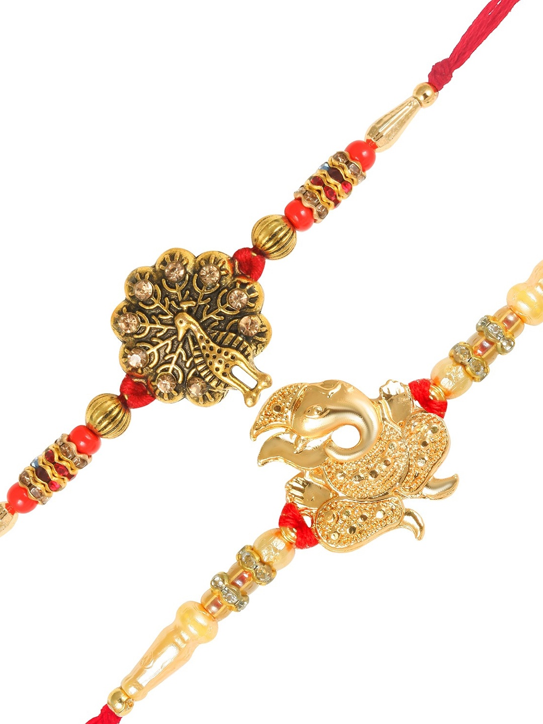 

Vighnaharta Men Set of 2 Peacock & Lord Ganesha Charm Studded Rakhis, Gold