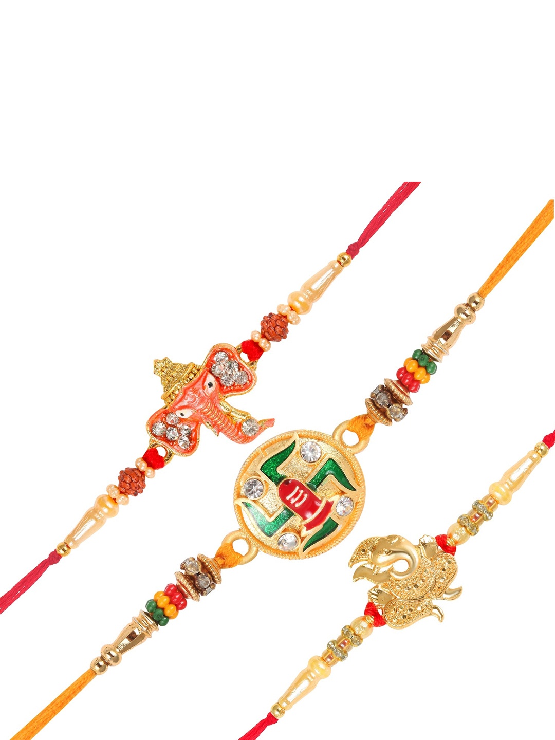 

Vighnaharta Men Set Of 3 Ganesh Ganpati & Swastik Rakhi With Roli & Chawal, Gold