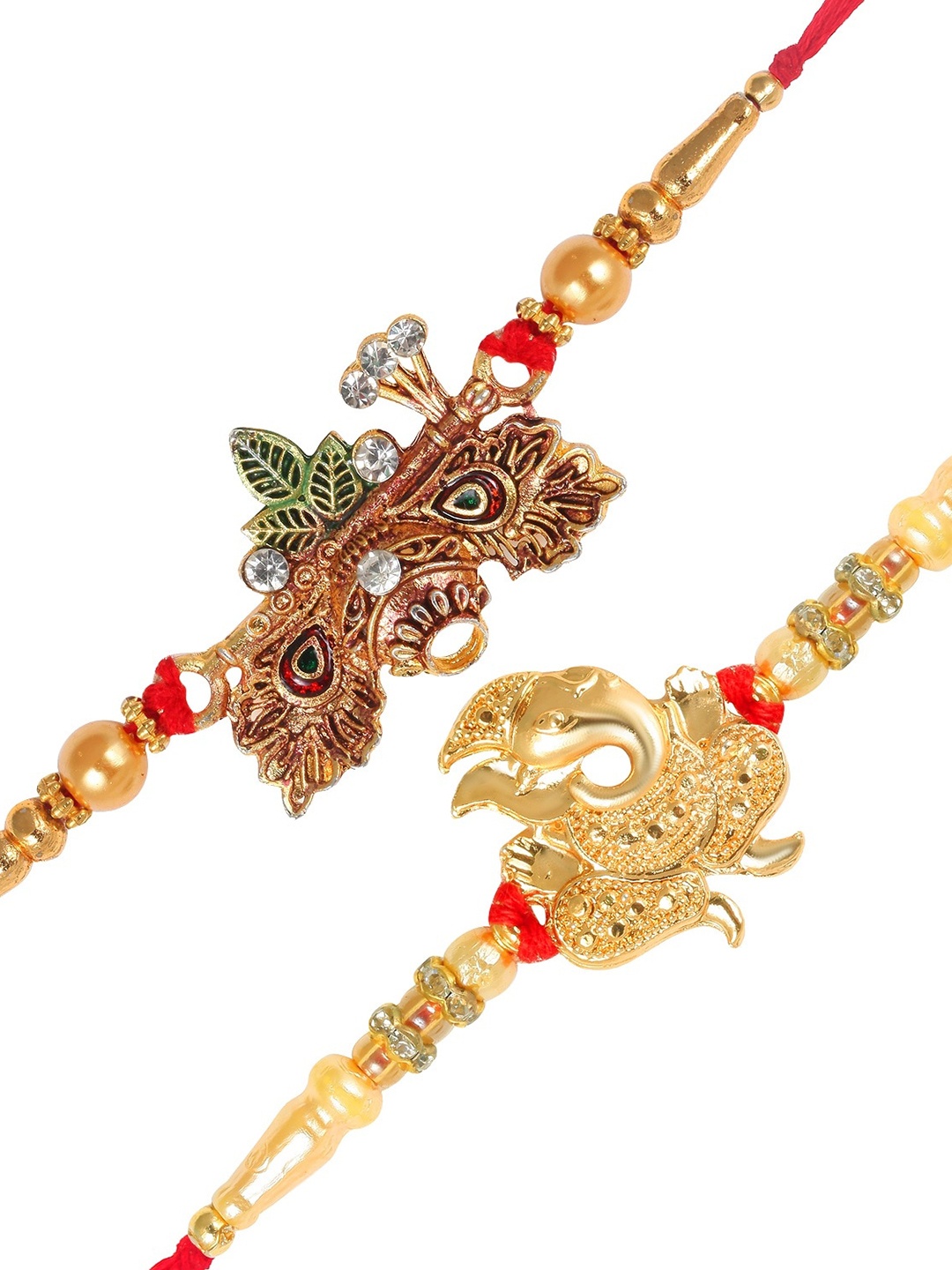 

Vighnaharta Men Set of 2 Lord Ganesha & Dahihandi Charm StuddedRakhis With Roli& Chawal, Gold