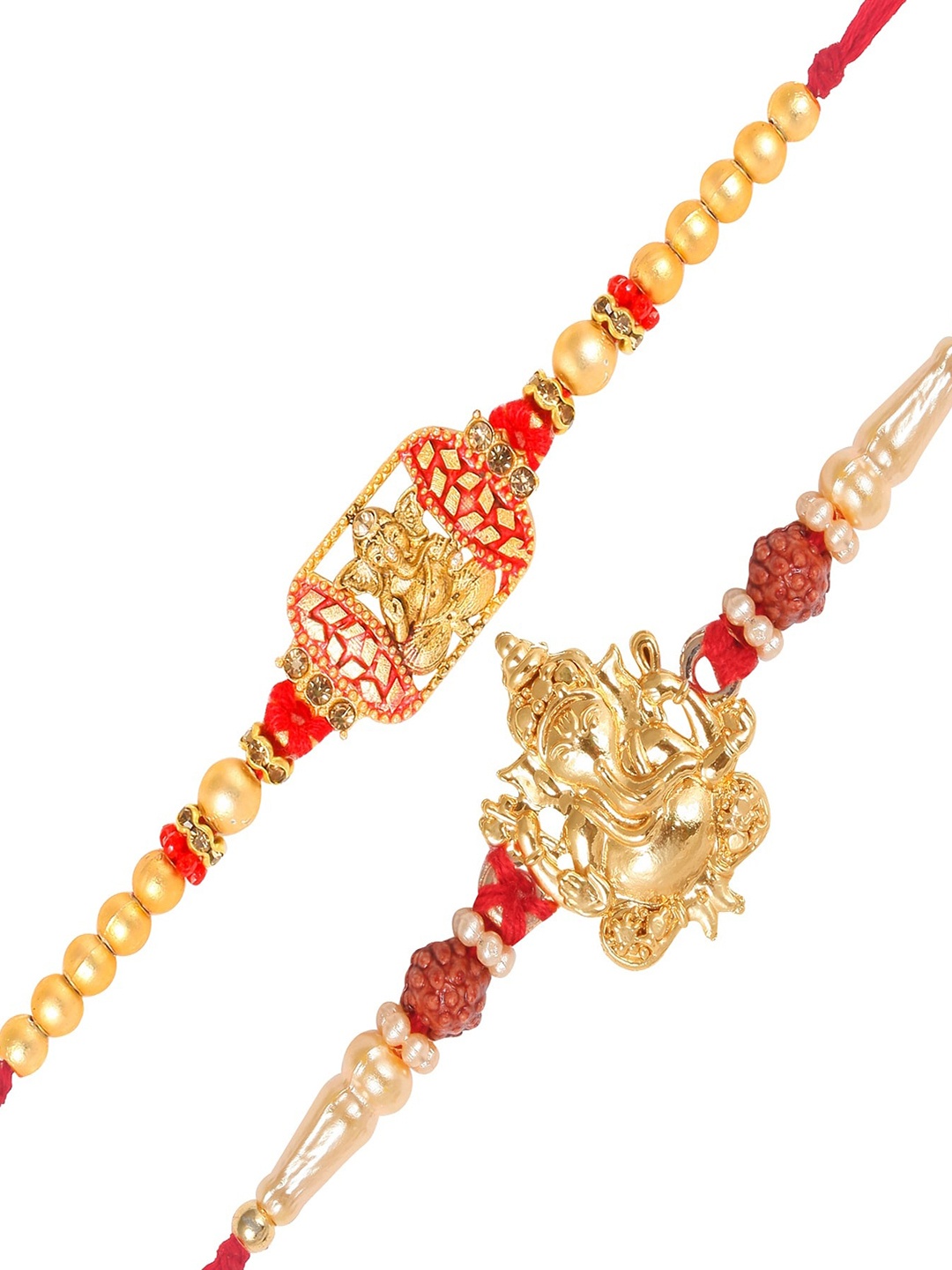 

Vighnaharta Set Of 2 Lord Ganesha Charm Studded & Beaded Rakhis With Roli & Chawal, Gold