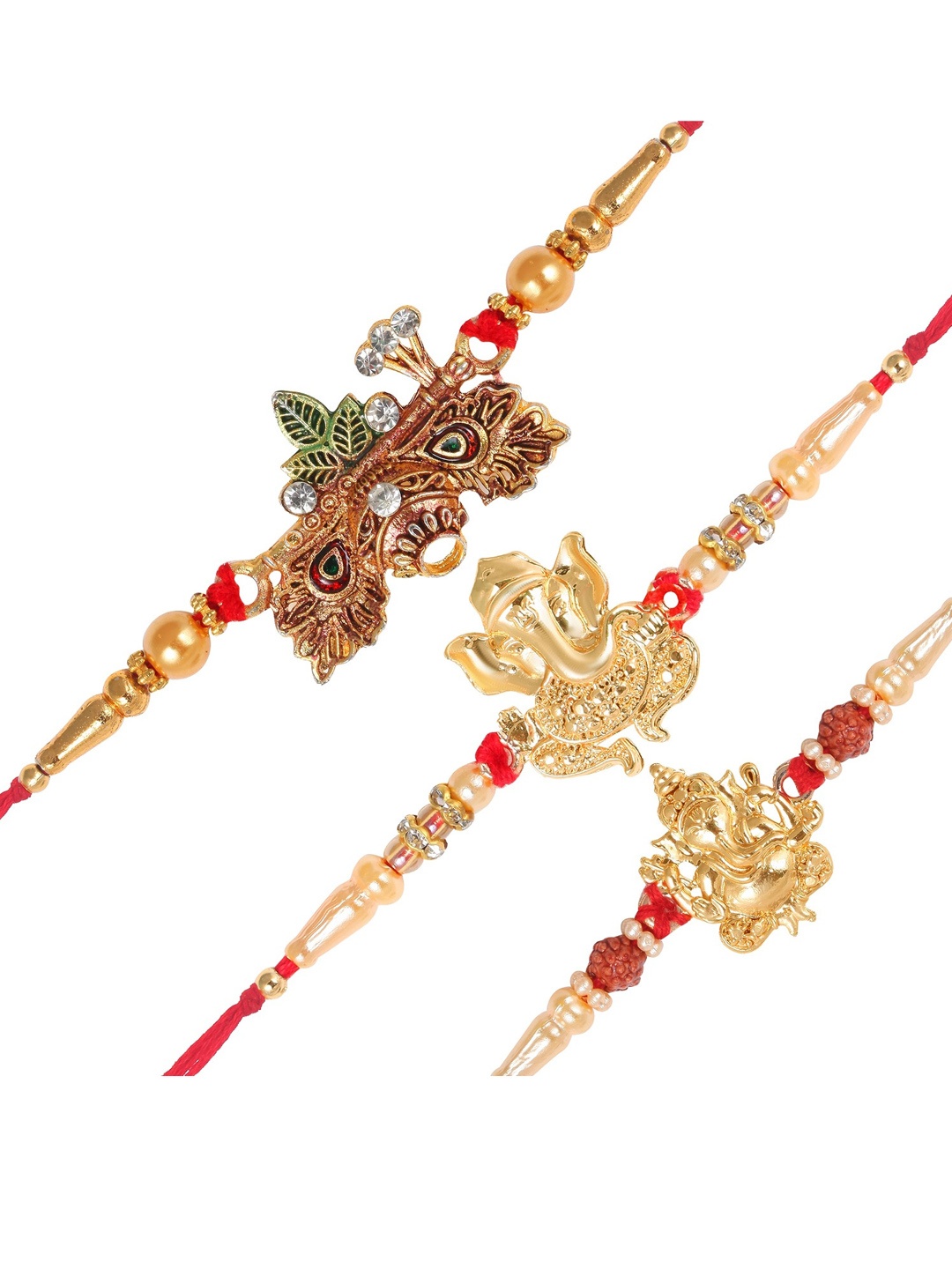 

Vighnaharta Men Set Of 3 Mangalmurti Dahihandi & Lord Gajanan Rakhi With Roli & Chawal, Gold