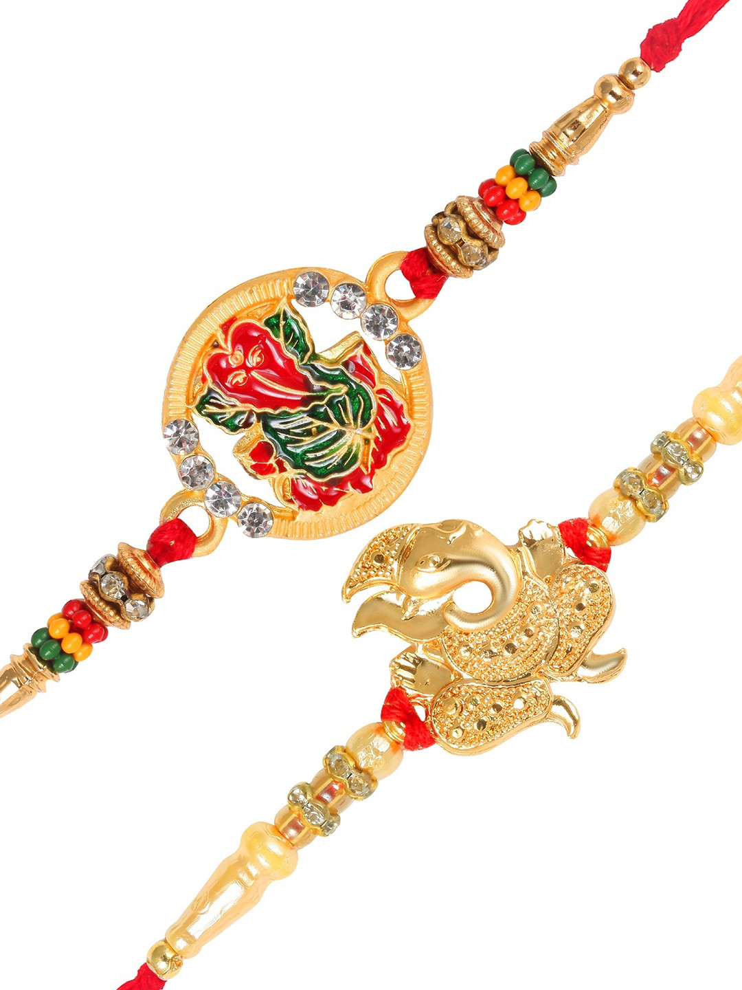 

Vighnaharta Set Of 2 Ganpati & Pan Ganesh Thread Rakhis With Roli & Chawal, Gold