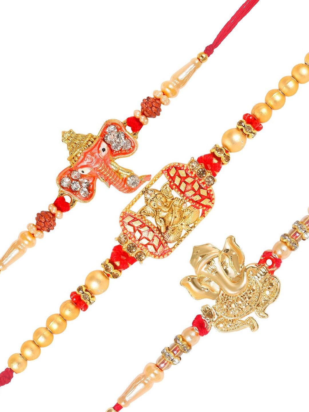 

Vighnaharta Set of 3 Lord Ganesha Charm StuddedRakhis With Roli& Chawal, Gold