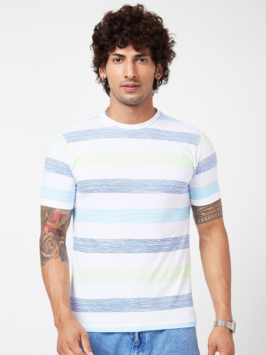 

VASTRADO Striped Printed Round Neck Cotton Casual T-Shirt, Blue