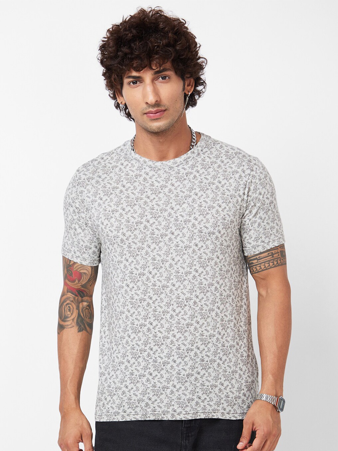 

VASTRADO Micro Pattern Floral Printed Round Neck Cotton Casual T-Shirt, Grey