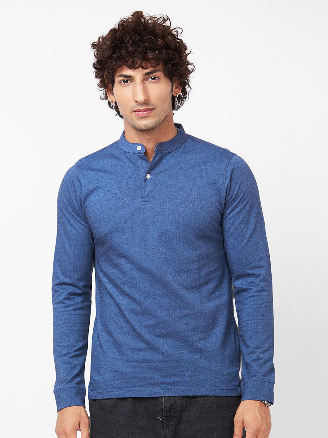 

VASTRADO Band Collar Cotton Casual T-Shirt, Blue