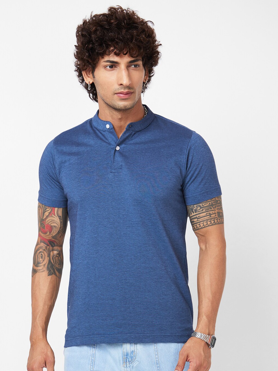 

VASTRADO Band Collar Cotton T-Shirt, Blue