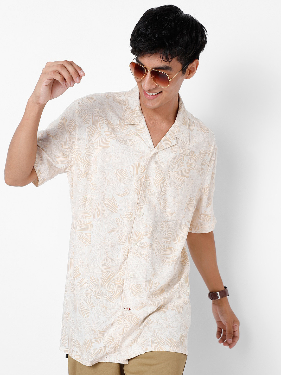 

VASTRADO Floral Printed Opaque Cotton Casual Shirt, Beige