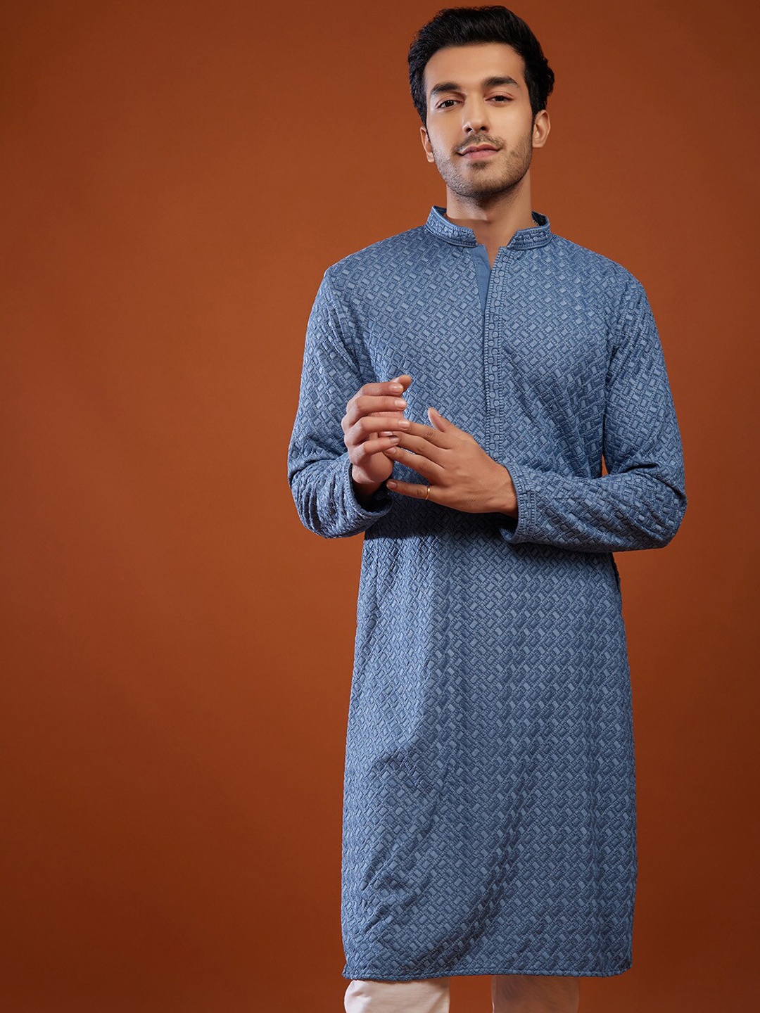 

KALKI Fashion Geometric Woven Design Kurta With Churidar & Nehru jacket, Blue