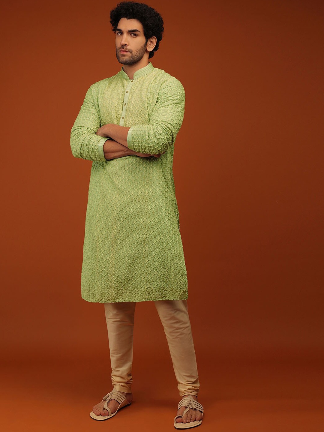 

KALKI Fashion Ethnic Motifs Embroidered Regular Thread Work Raw Silk Kurta With Churidar, Green