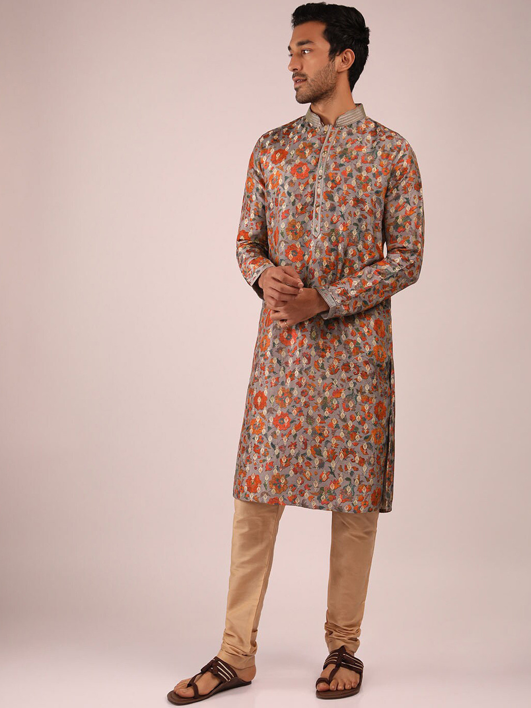 

KALKI Fashion Floral Printed Mandarin Collar Kurta With Churidar, Grey