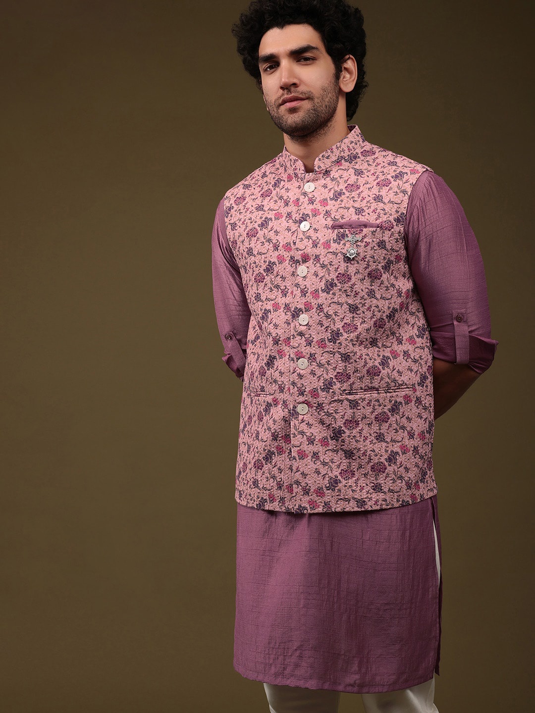 

KALKI Fashion Straight Kurta With Churidar & With Nehru Jacket, Pink