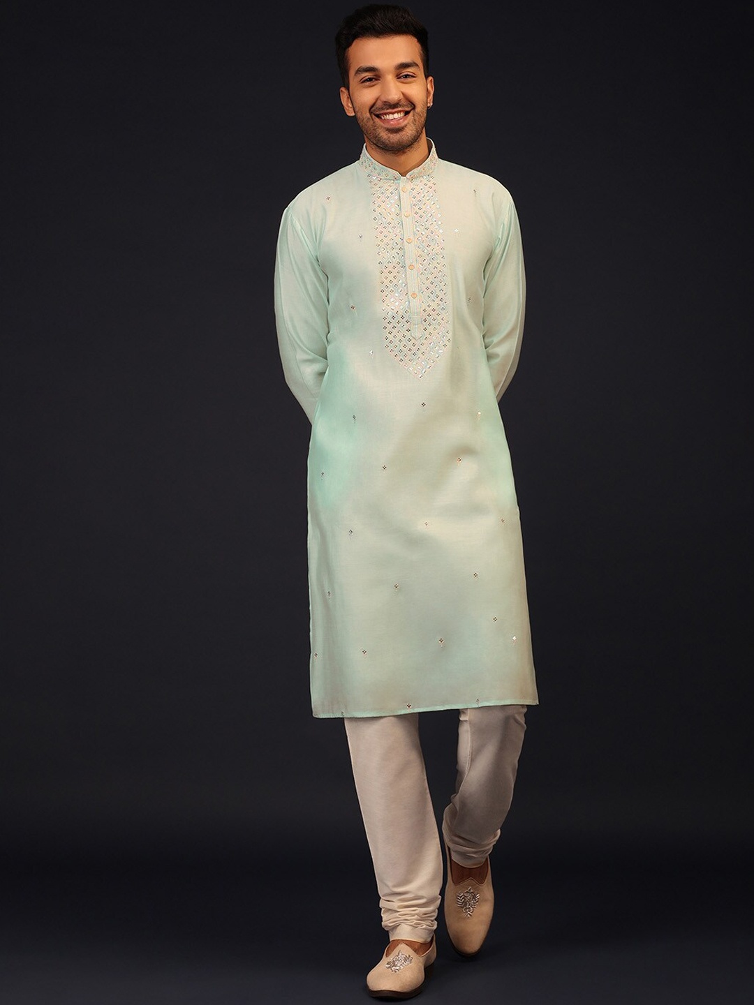 

KALKI Fashion Yoke Design Regular Sequinned Kurta with Churidar, Green