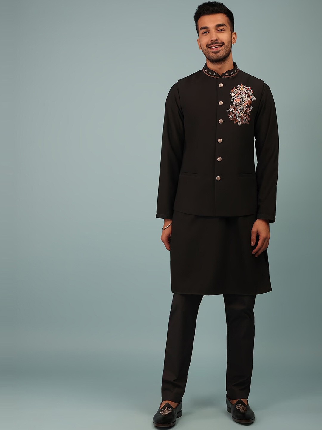 

KALKI Fashion Long Sleeves Kurta With Churidar & Nehru Jacket, Black