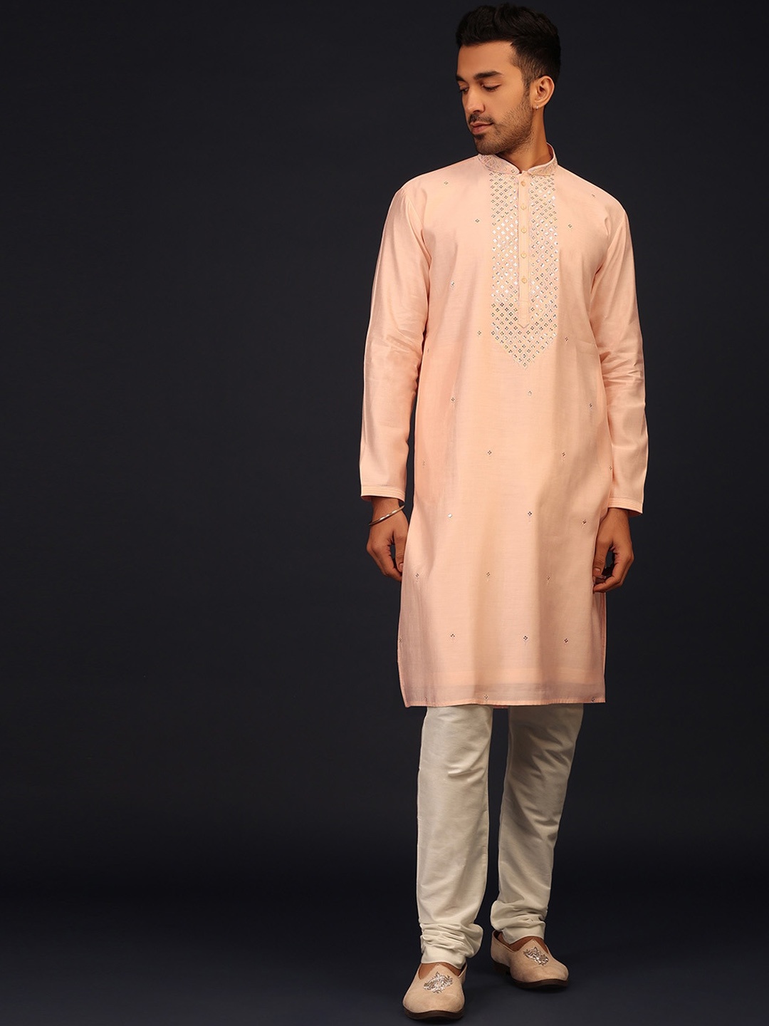 

KALKI Fashion Embroidered Sequinned Kurta with Churidar, Peach