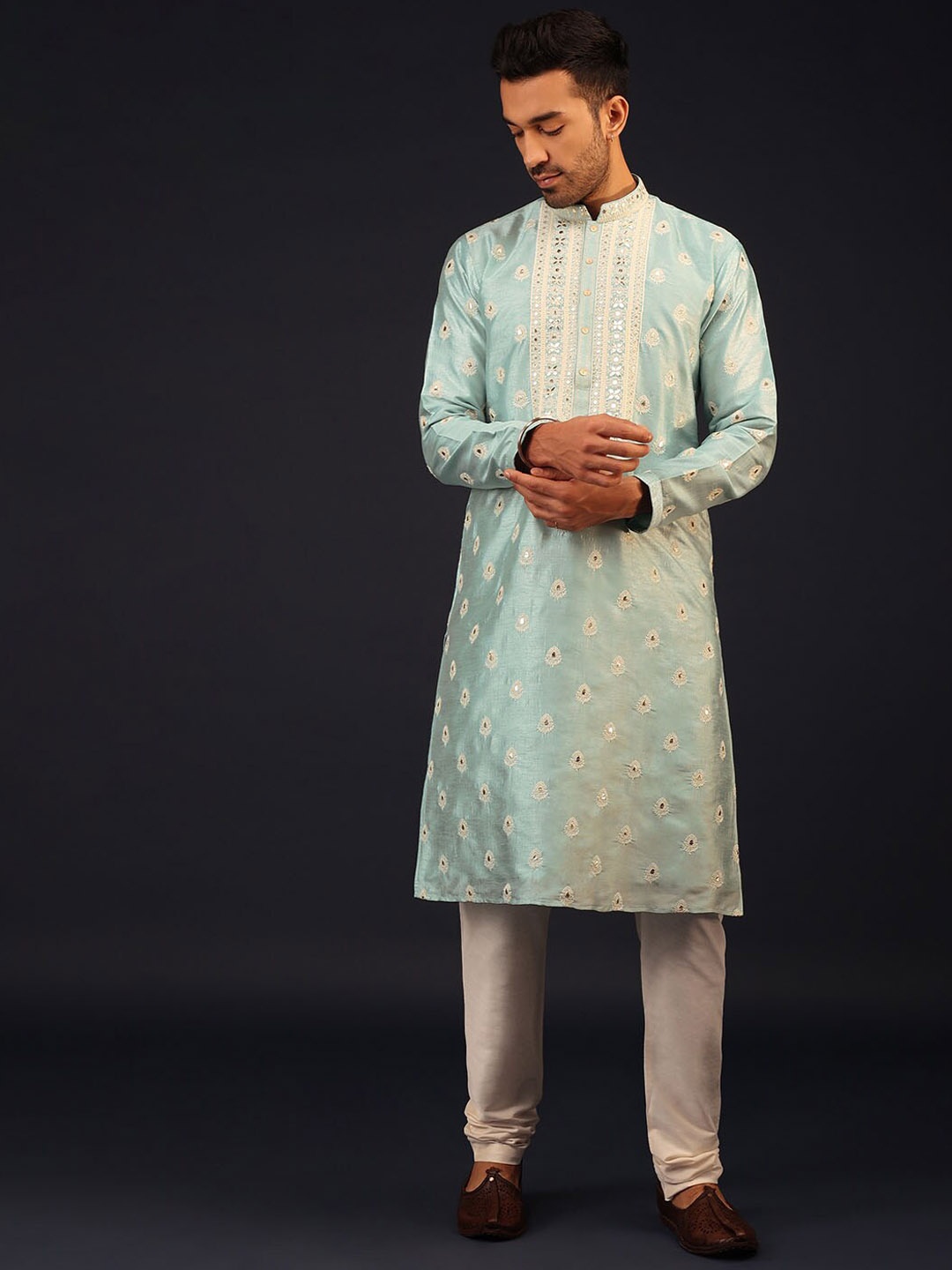 

KALKI Fashion Ethnic Motifs Embroidered Mirror Work Kurta with Churidar, Blue