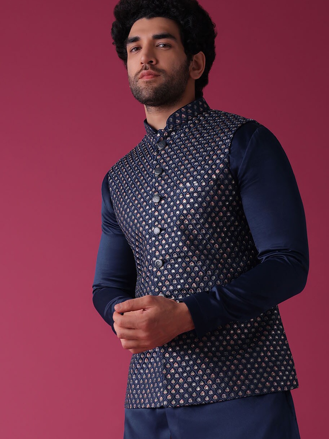 

KALKI Fashion Mandarin Collar Kurta With Trousers & Nehru jacket, Blue