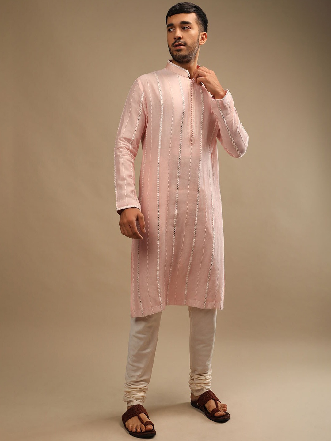 

KALKI Fashion Geometric Embroidered Mirror Work Kurta With Churidar, Pink