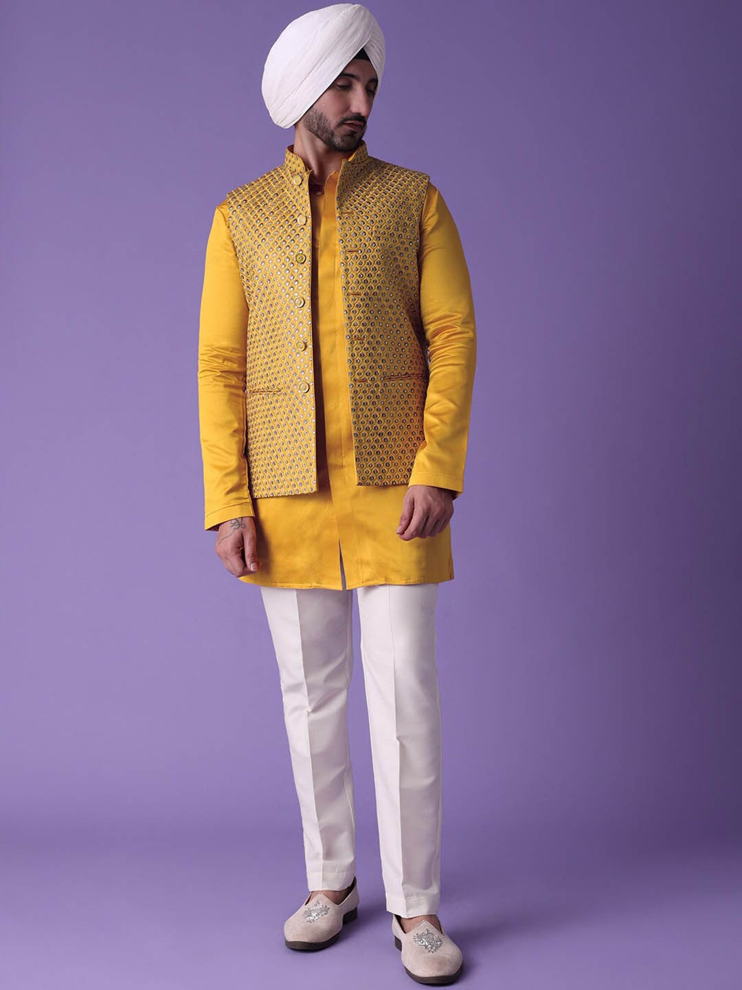 

KALKI Fashion Ethnic Motifs Embroidered Kurta With Pyjamas & Nehru Jacket, Yellow