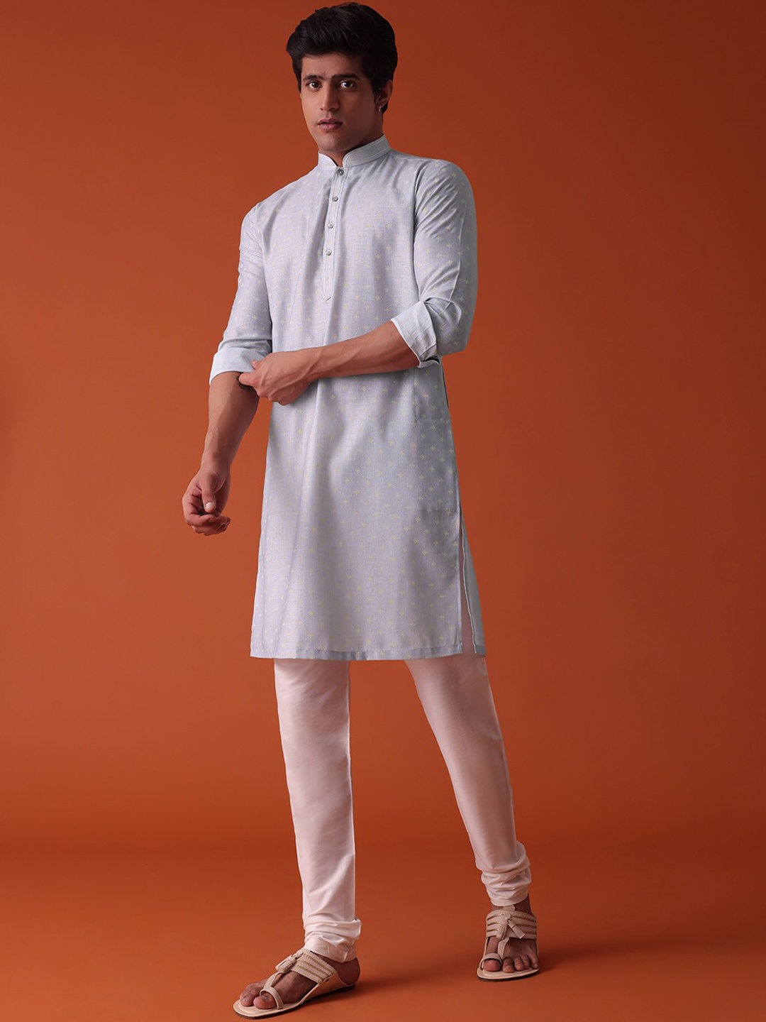

KALKI Fashion Floral Printed Mandarin Collar Kurta With Churidar, Grey