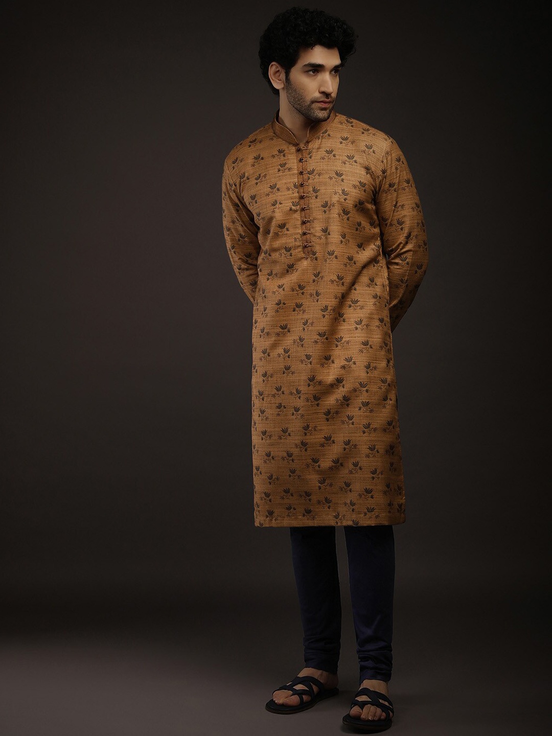 

KALKI Fashion Floral Printed Tussar Silk Kurta with Churidar, Brown