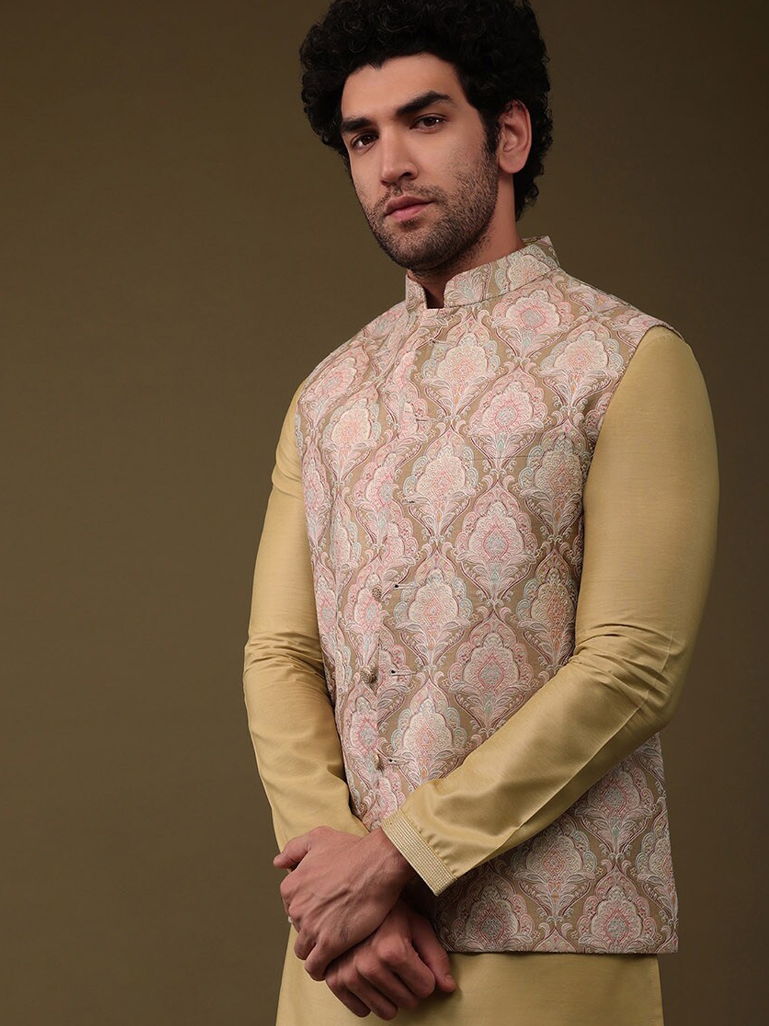 

KALKI Fashion Ethnic Motifs Printed Kurta With Churidar & Nehru Jacket, Yellow