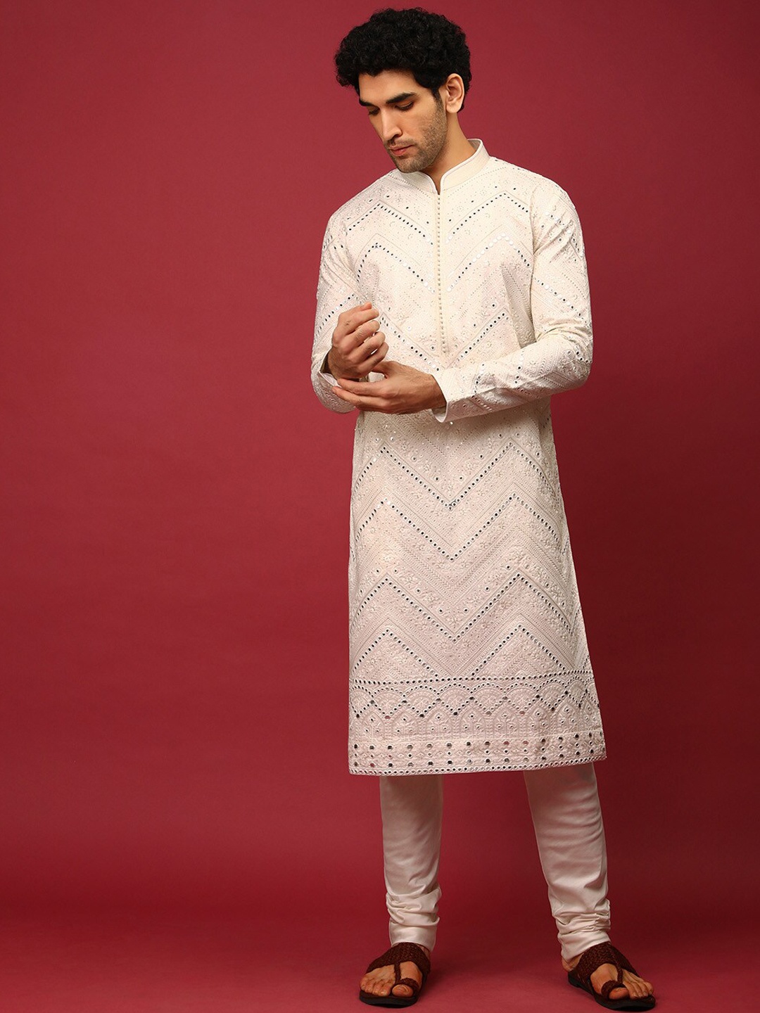 

KALKI Fashion Ethnic Motifs Embroidered Mirror Work Kurta With Churidar, Off white