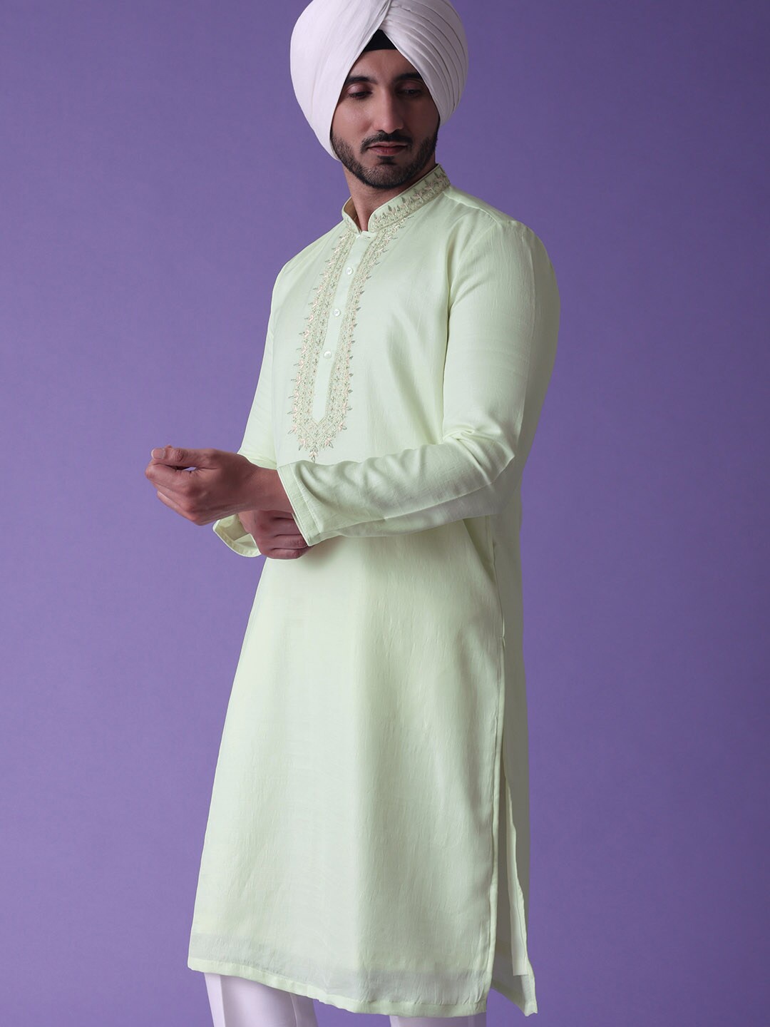 

KALKI Fashion Floral Yoke Design Thread Work Kurta With Pyjamas, Yellow