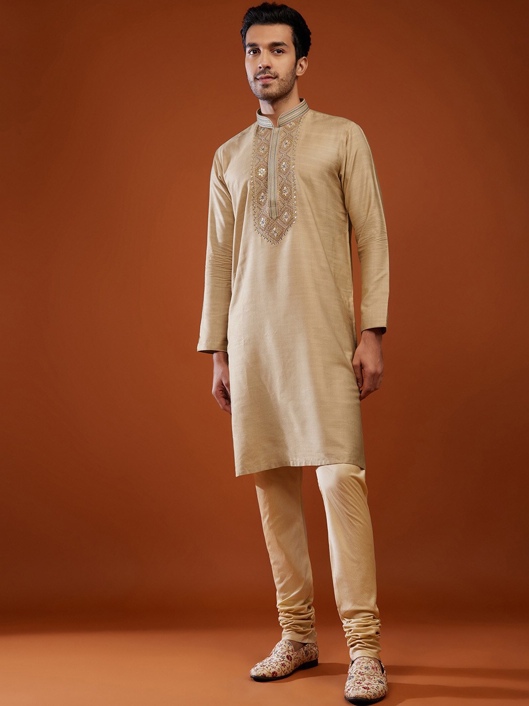 

KALKI Fashion Ethnic Motifs Yoke Design Thread Work Kurta With Churidar, Beige