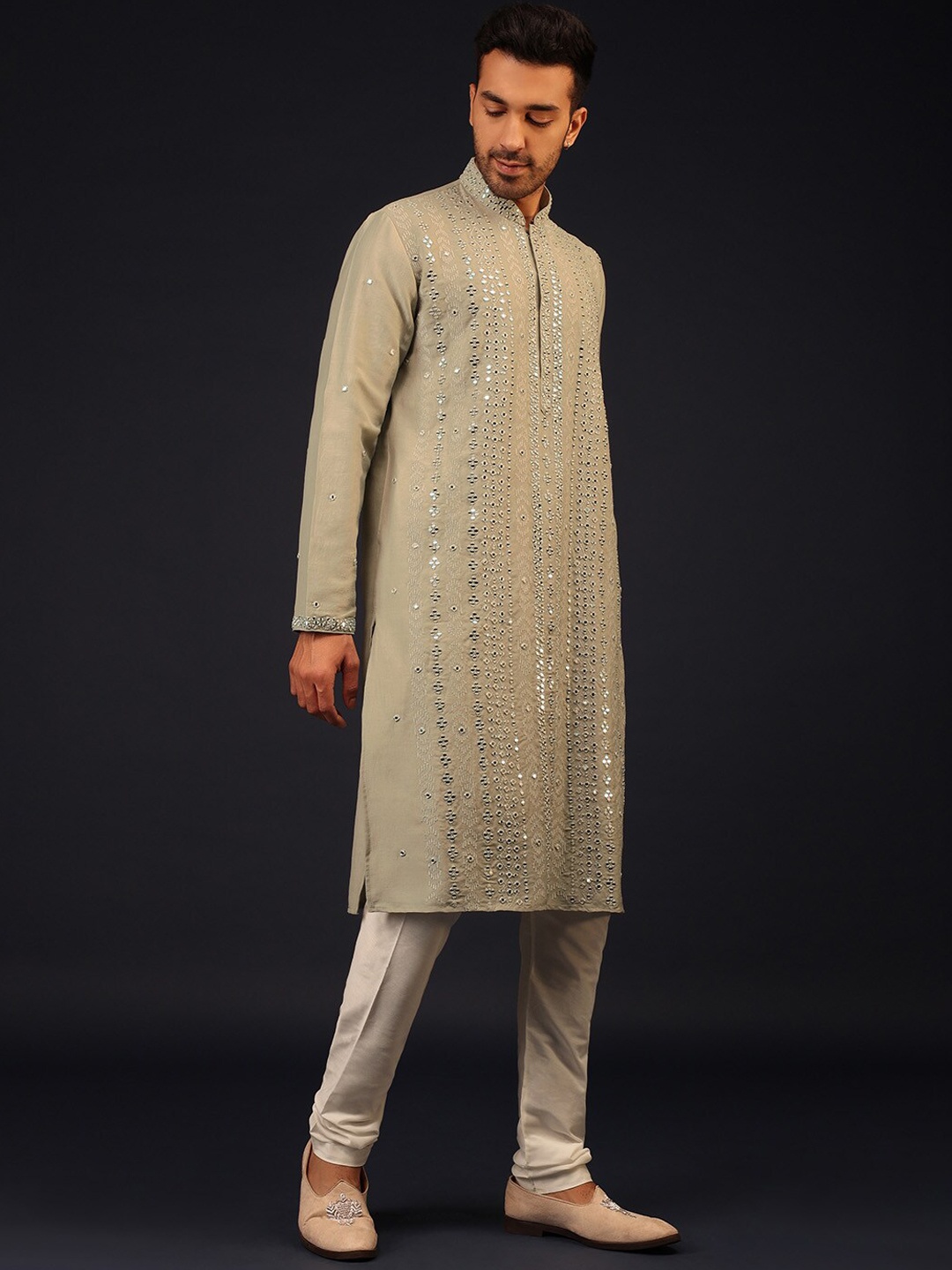 

KALKI Fashion Ethnic Motifs Embroidered Mirror Work Kurta With Churidar, Grey