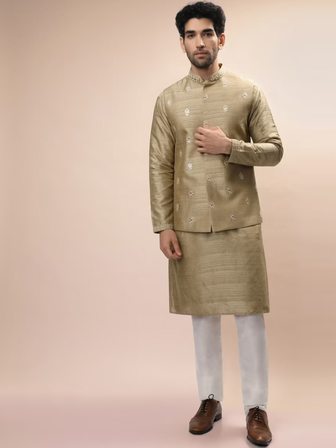 

KALKI Fashion Ethnic Motifs Embroidered Kurta With Trousers & Nehru Jacket, Beige