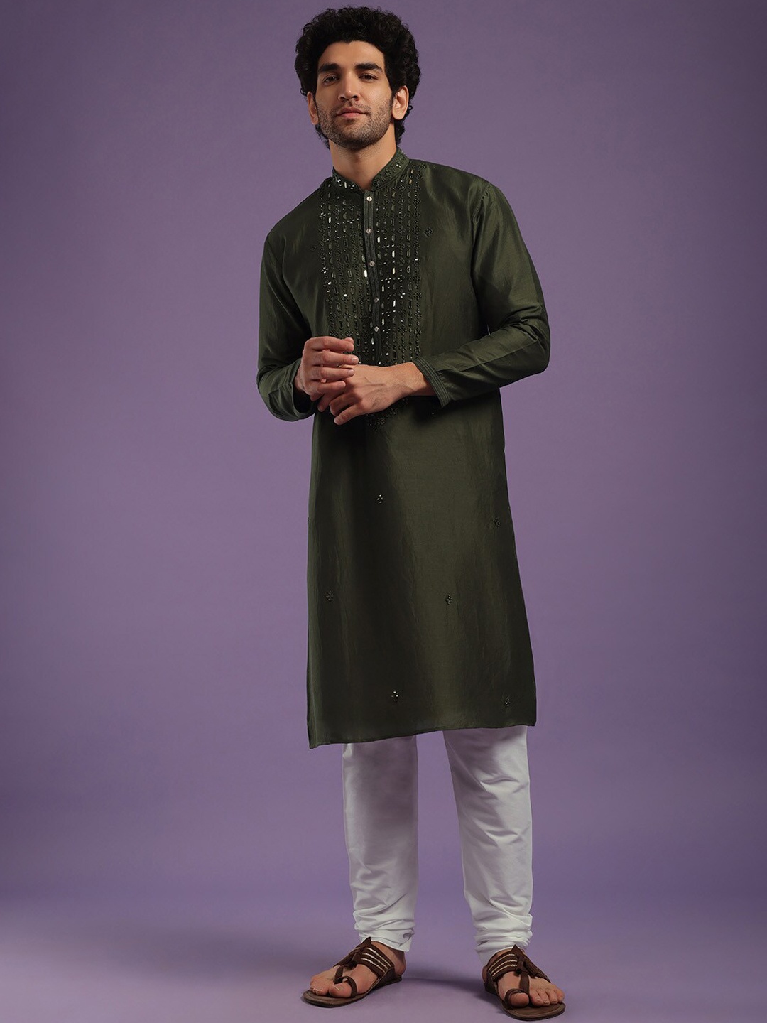 

KALKI Fashion Geometric Yoke Design Mirror Work Kurta With Churidar, Green