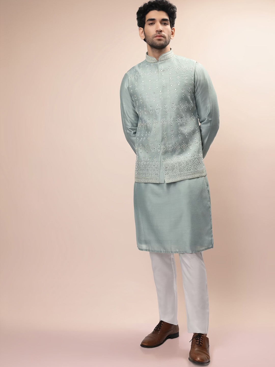 

KALKI Fashion Mirror Work Raw Silk Kurta with Trousers & Nehru Jacket, Blue
