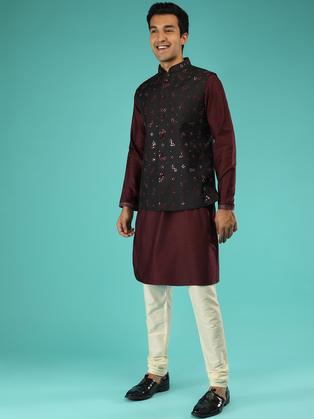 

KALKI Fashion Raw Silk Kurta with Churidar & Mirror Work Nehru Jacket, Black