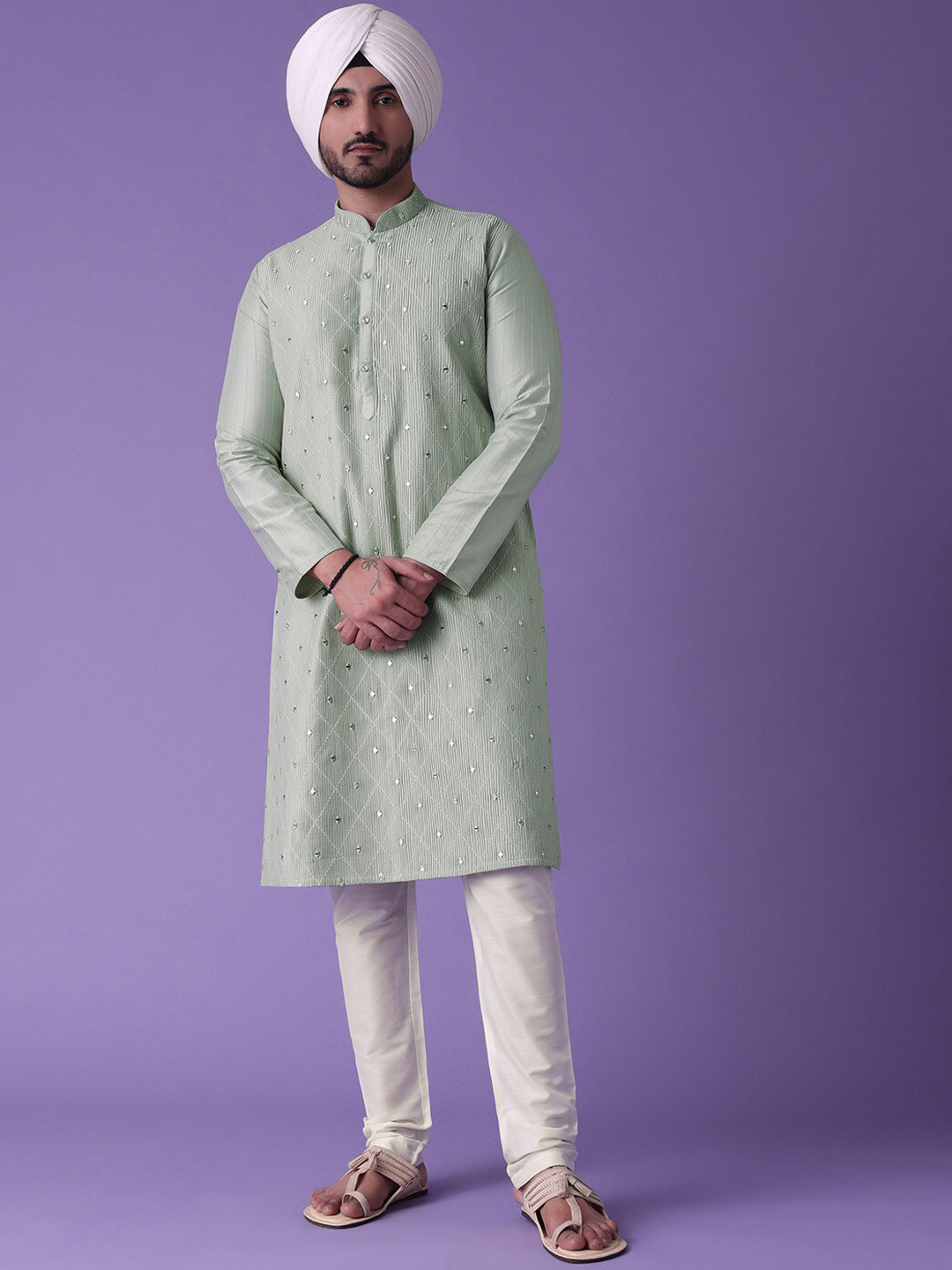 

KALKI Fashion Embroidered Mirror Work Kurta with Churidar, Green