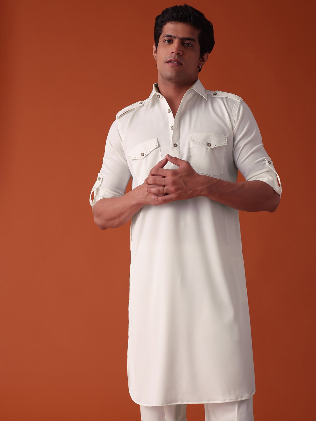 

KALKI Fashion Shirt Collar Pathani Kurta With Pyjamas, White