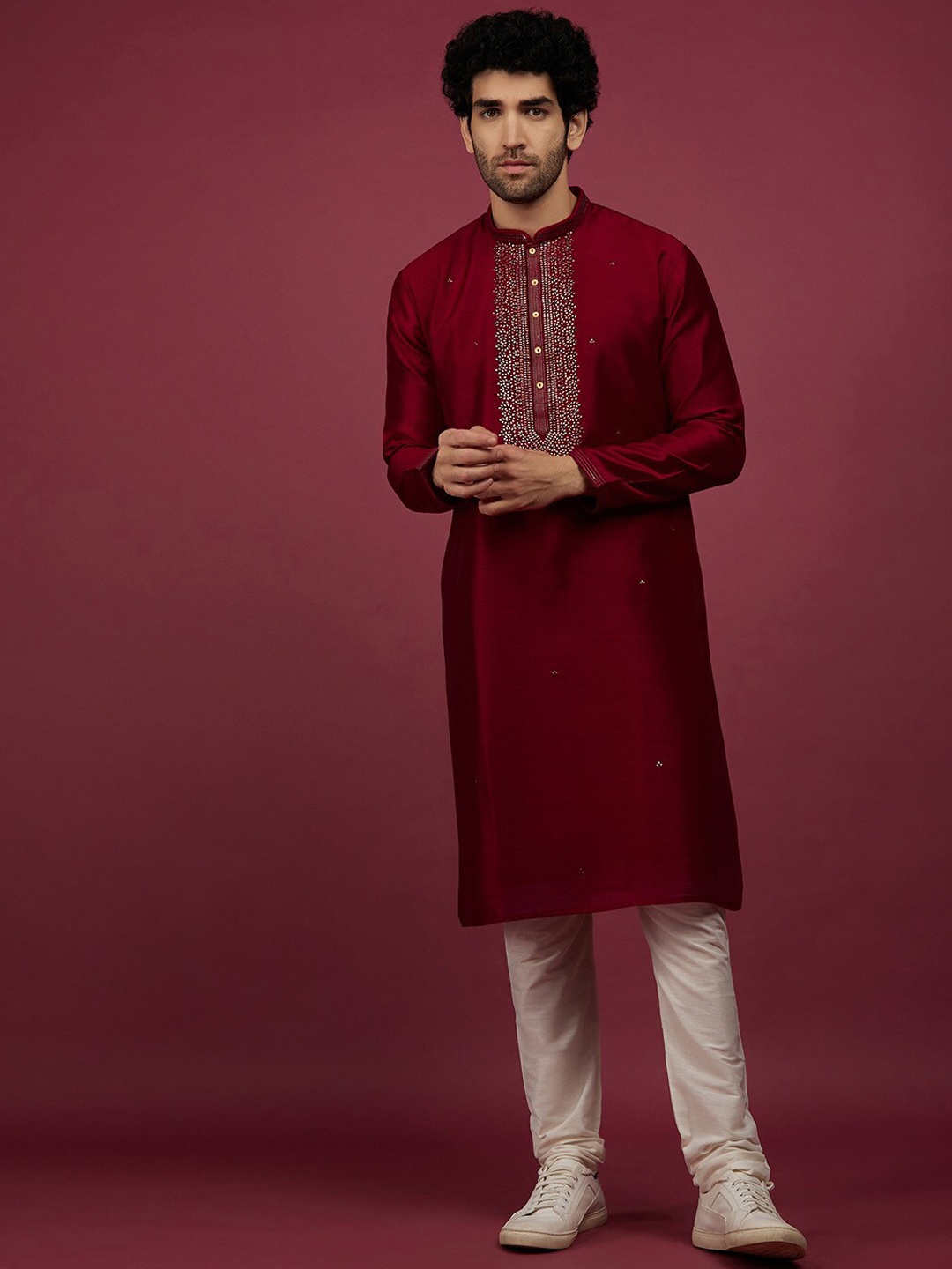 

KALKI Fashion Embellished Yoke Design Regular Kurta With Churidar, Red