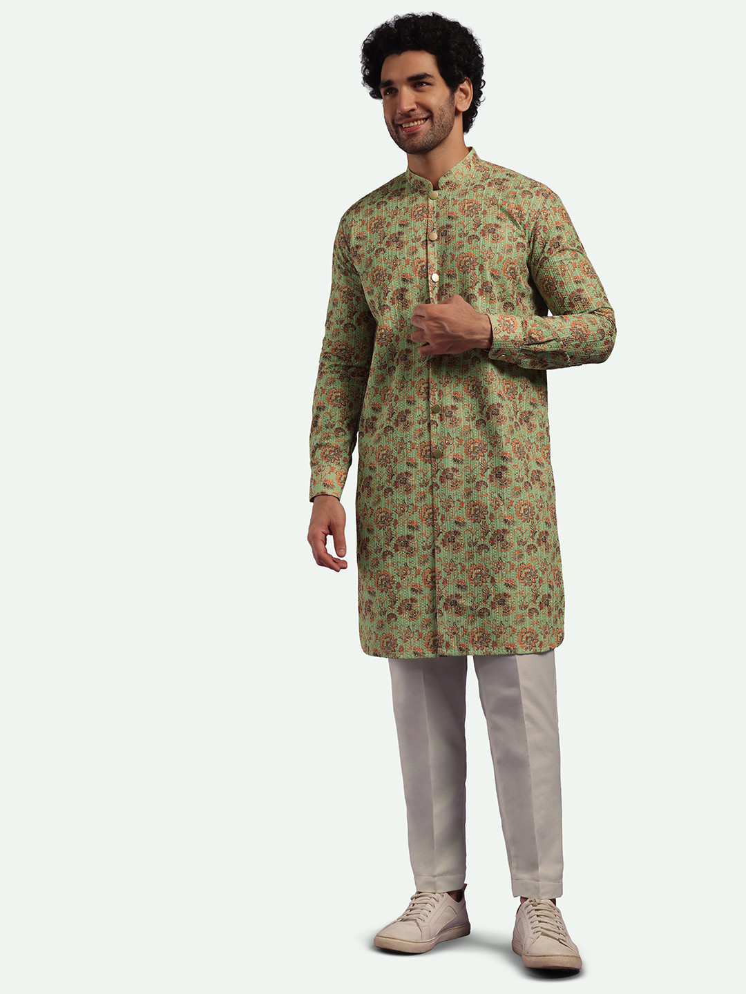

KALKI Fashion Ethnic Motifs Printed Regular Kurta with Trousers, Green