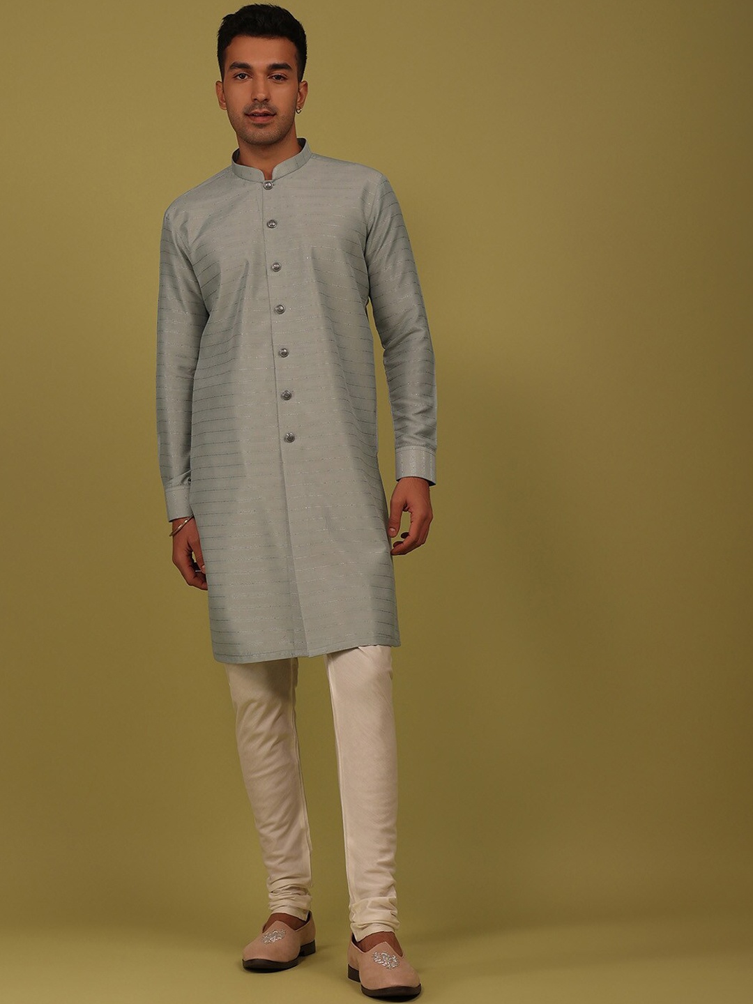 

KALKI Fashion Striped Regular Kurta With Churidar, Grey