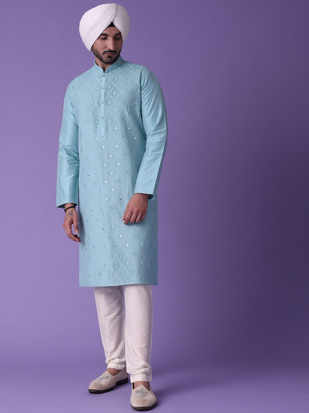 

KALKI Fashion Embroidered Mirror Work Cotton Silk Kurta with Pyjamas, Blue