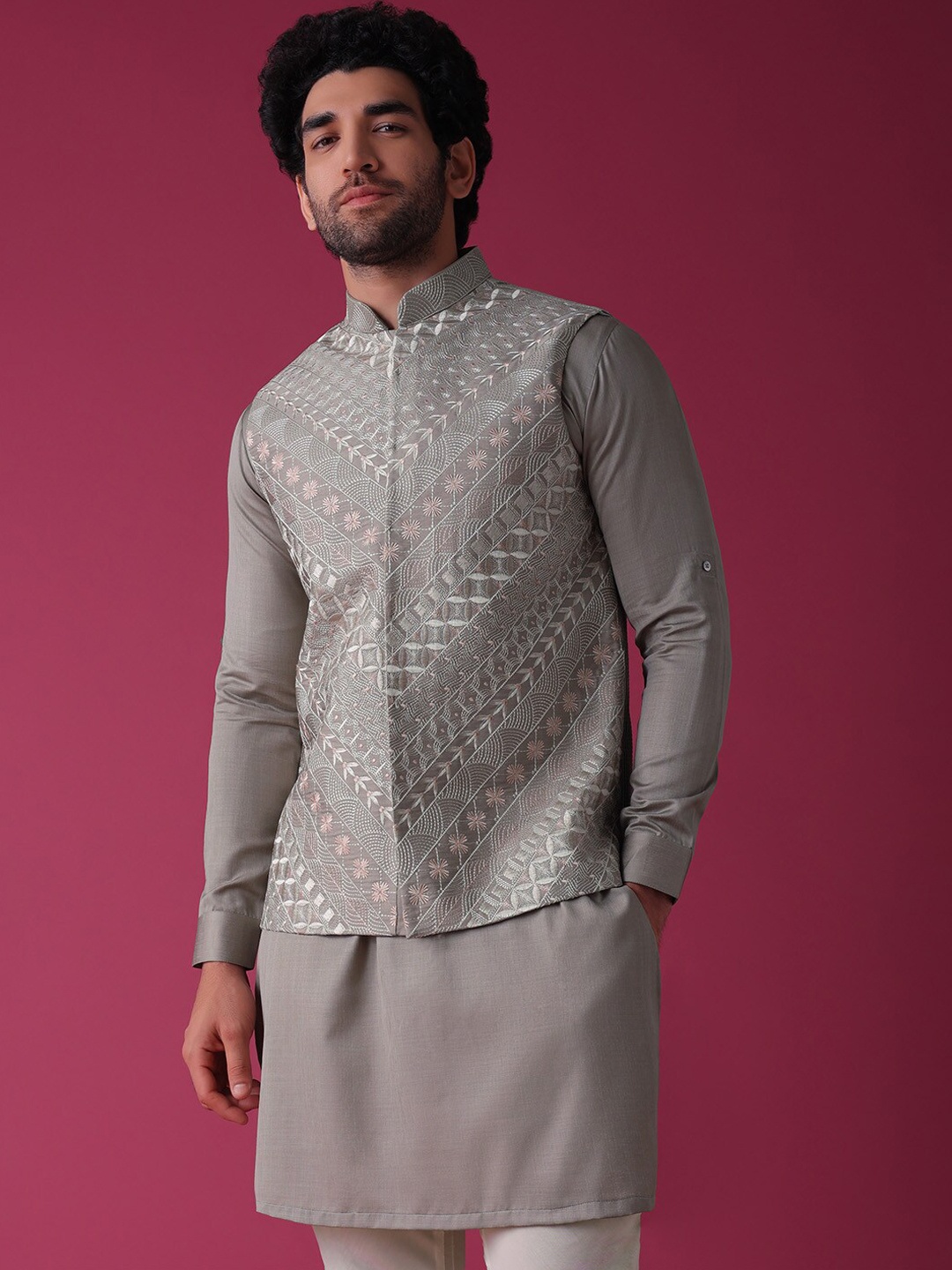 

KALKI Fashion Floral Embroidered Thread Work Kurta With Churidar & Nehru jacket, Grey