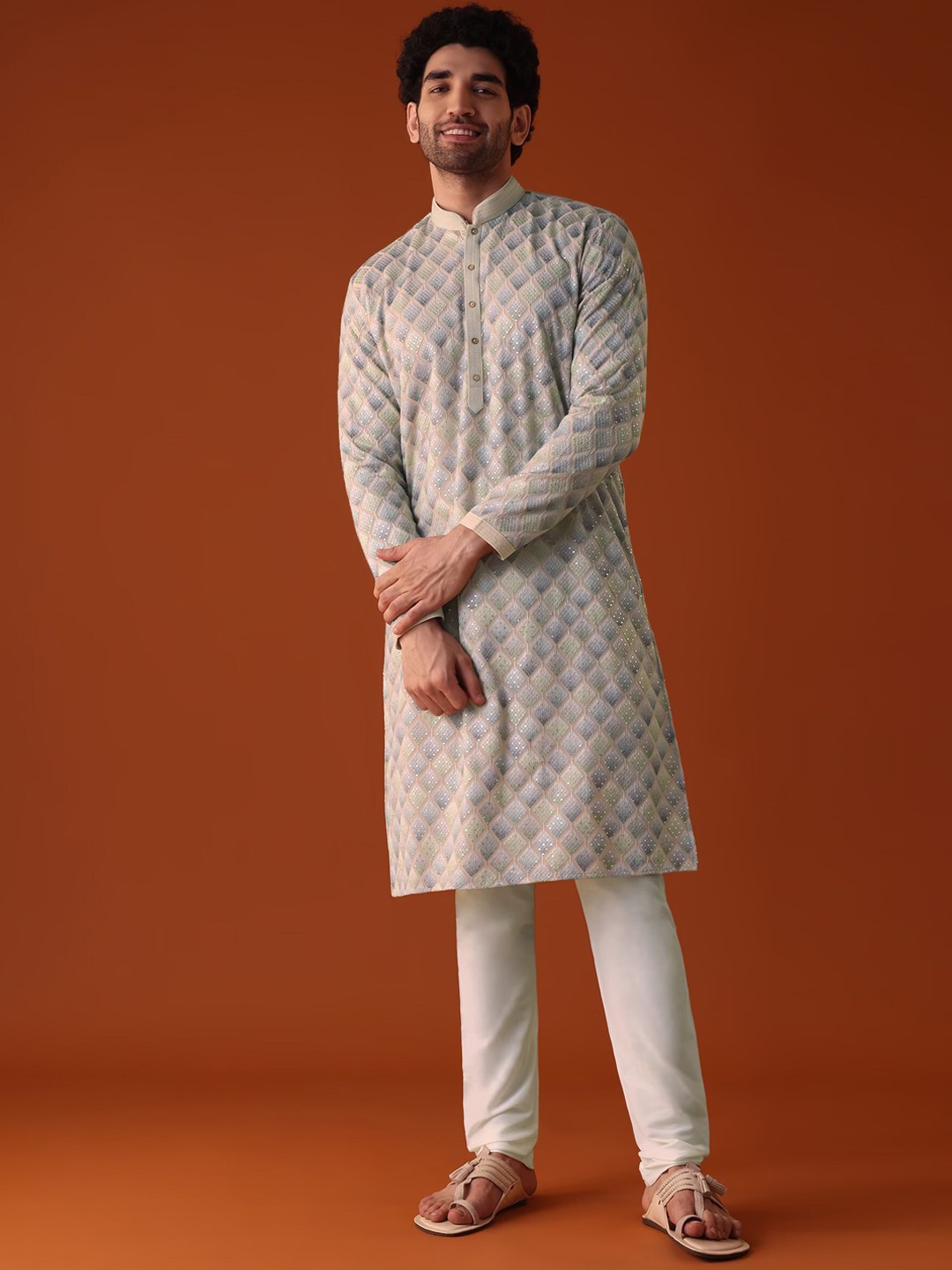 

KALKI Fashion Geometric Embroidered Regular Sequinned Kurta With Churidar, White